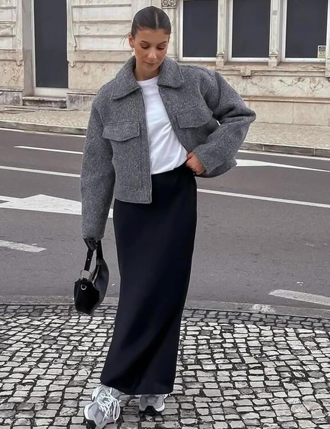 Wyeysyt Wool Coats for Women Lapel Zip Up Copped Bomber Jacket Outerwear with Pockets 2025 - Image 3