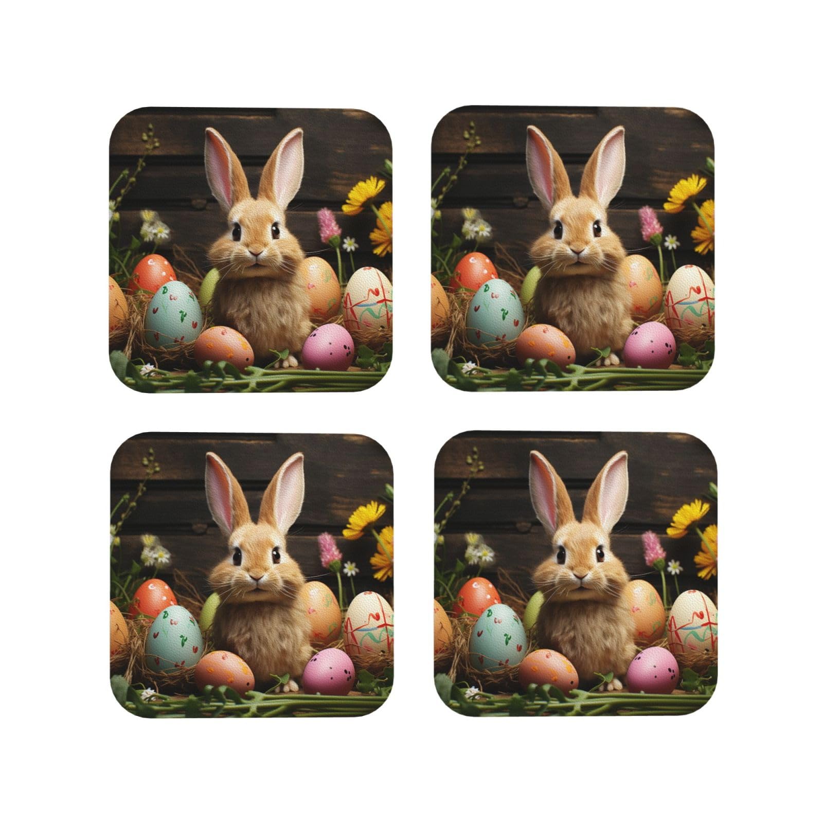 4Pcs PU Leather Coaster for Drinks, Easter Egg Bunny Cup Coastersr 4" Cup Mat Pad, Aesthetic Drink Coasters for Coffee Table, Square Coaster for Tabletop Protection