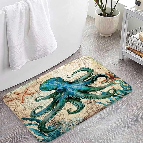 Miniatura 5 de Boziqr Alfombra de baño náutica vintage de pulpo, alfombra de baño retro océano playa, absorbente de agua, antideslizante, alfombra de ducha de