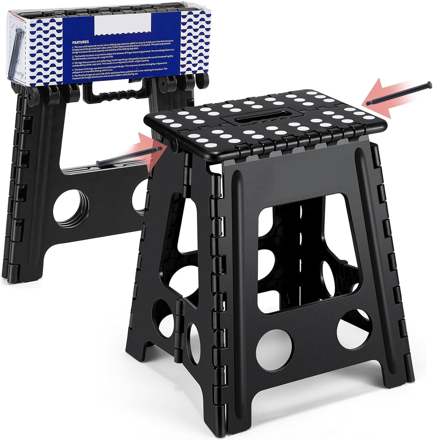 Folding Step Stool, 39CM Heavy Duty Step Stool Foldable for Adults, Stepping Stool with Handle, Non Slip Folding Stools, Hold Up to 180kg, Multi-Use Office Foot Stool under Desk