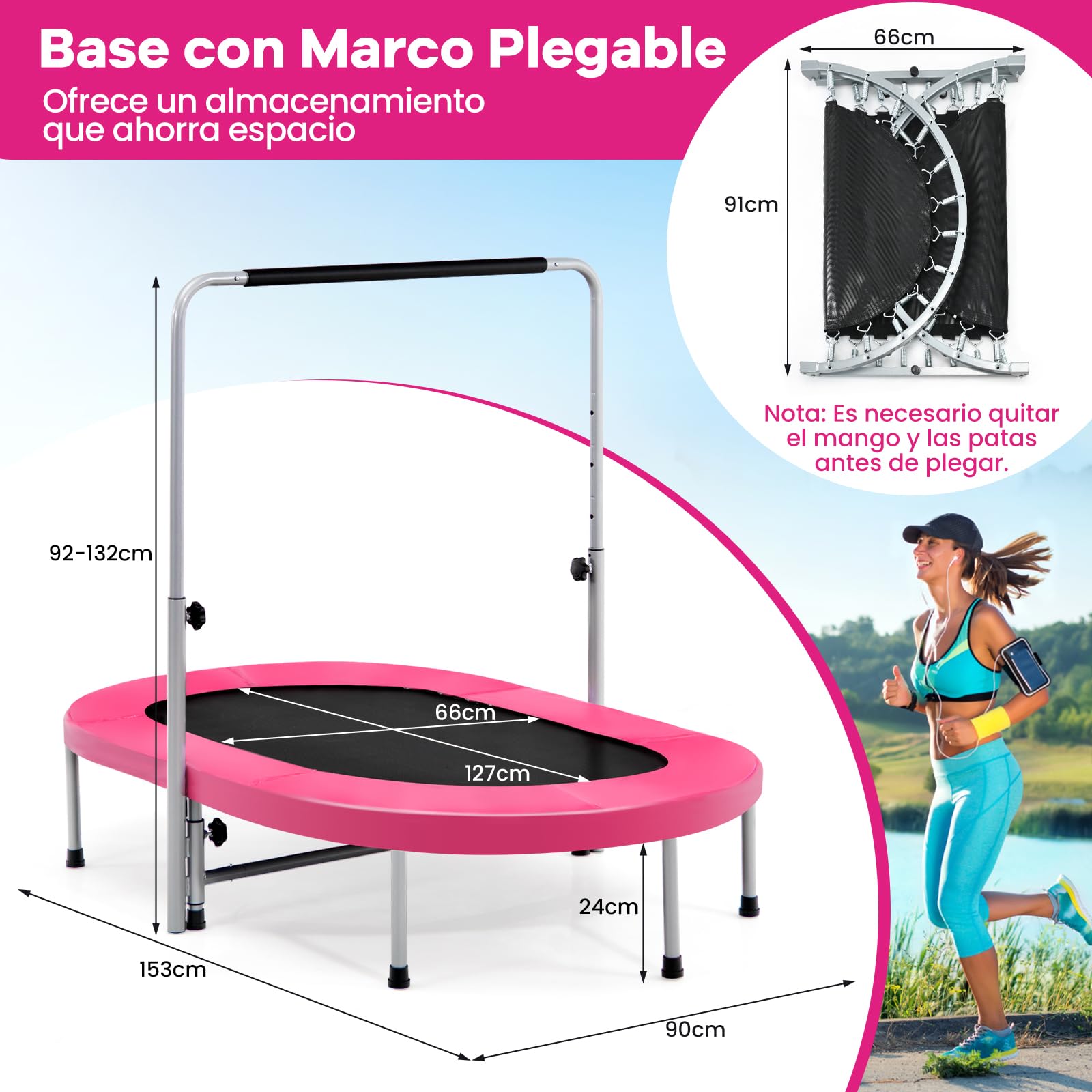 COSTWAY Cama Elastica para 2 Personas, Trampolin de Fitness Plegable con Mango Ajustable en 5 Niveles, Trampolín para Niños y Adultos con Capacidad de 150 kg, para Hogar y Gimnasio, 65 x 154 x 132 cm