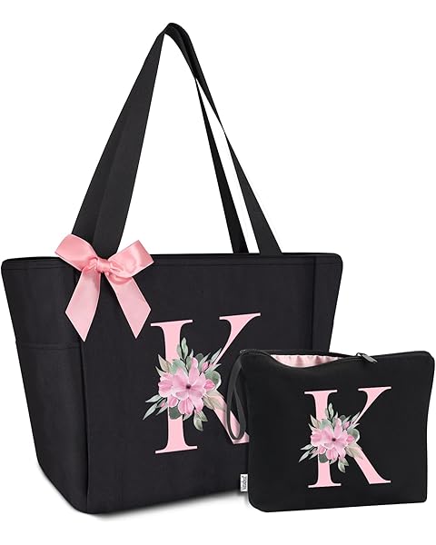 Vavabox Tote Bag, A-Z Initial Monogrammed Waterproof Tote Bag, Bridesmaid Gifts for Women, Black and Pink