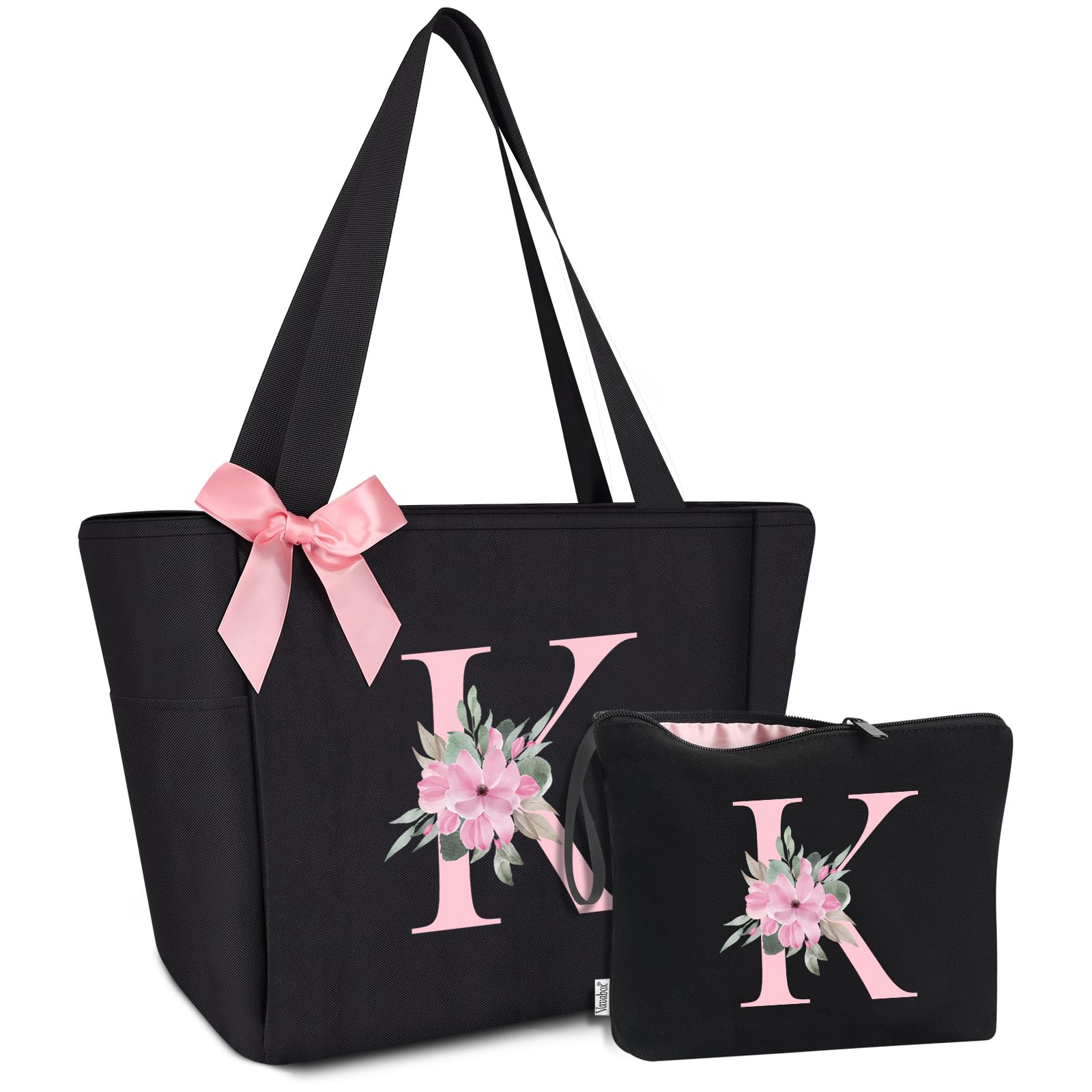 Vavabox Tote Bag, A-Z Initial Monogrammed Waterproof Tote Bag, Bridesmaid Gifts for Women, Black and Pink