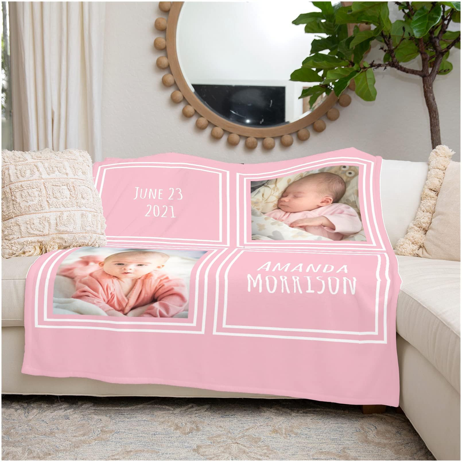 Baby Girl Gifts Personalized Baby Blanket with 2 Pictures Custom Baby Blankets Customized Receiving Blanket for Girls, 15 Colors Available, 30