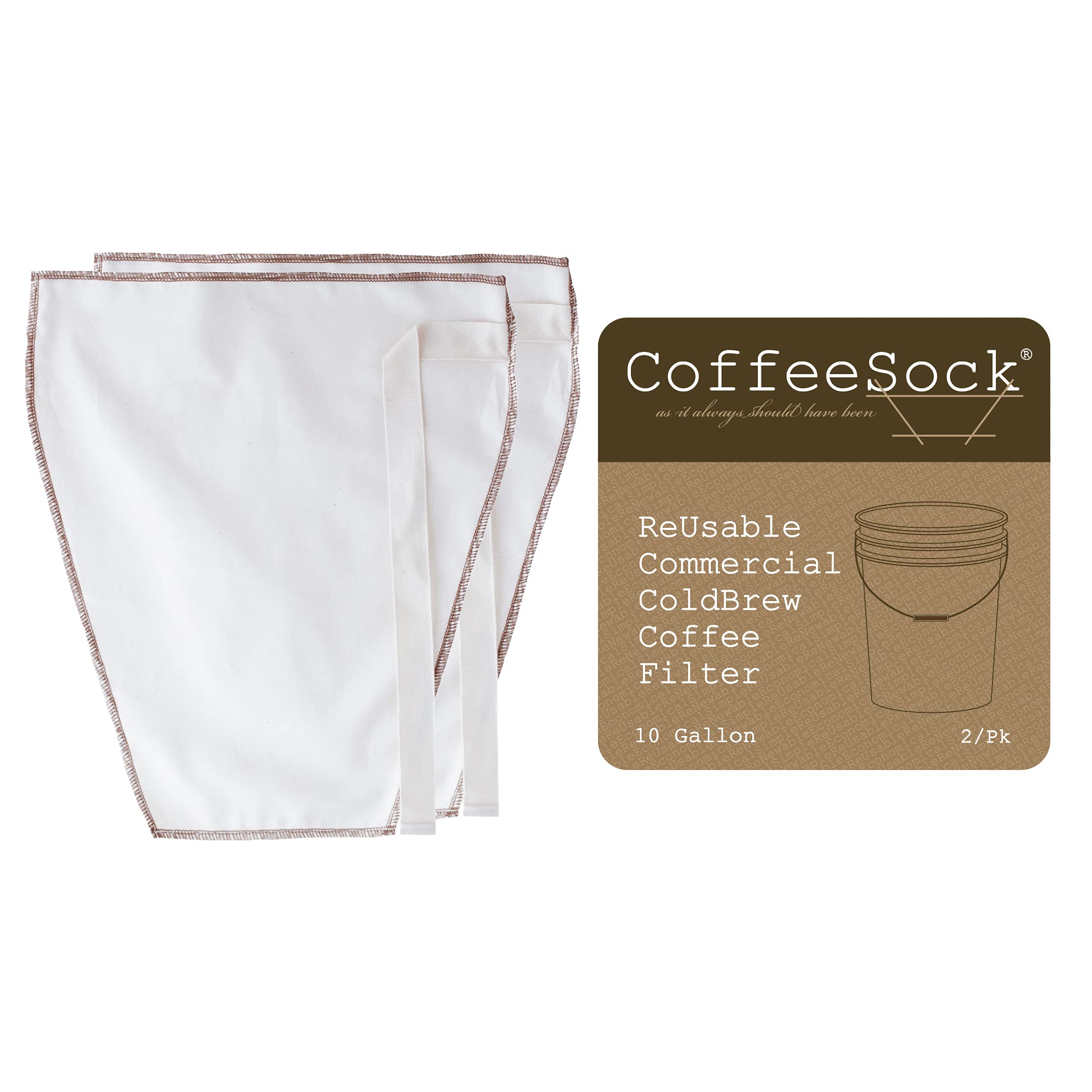 CoffeeSock Filtro de café reutilizable de algodón orgánico (Certificado por GOTS) 10 galones (Pack de 2) Natural
