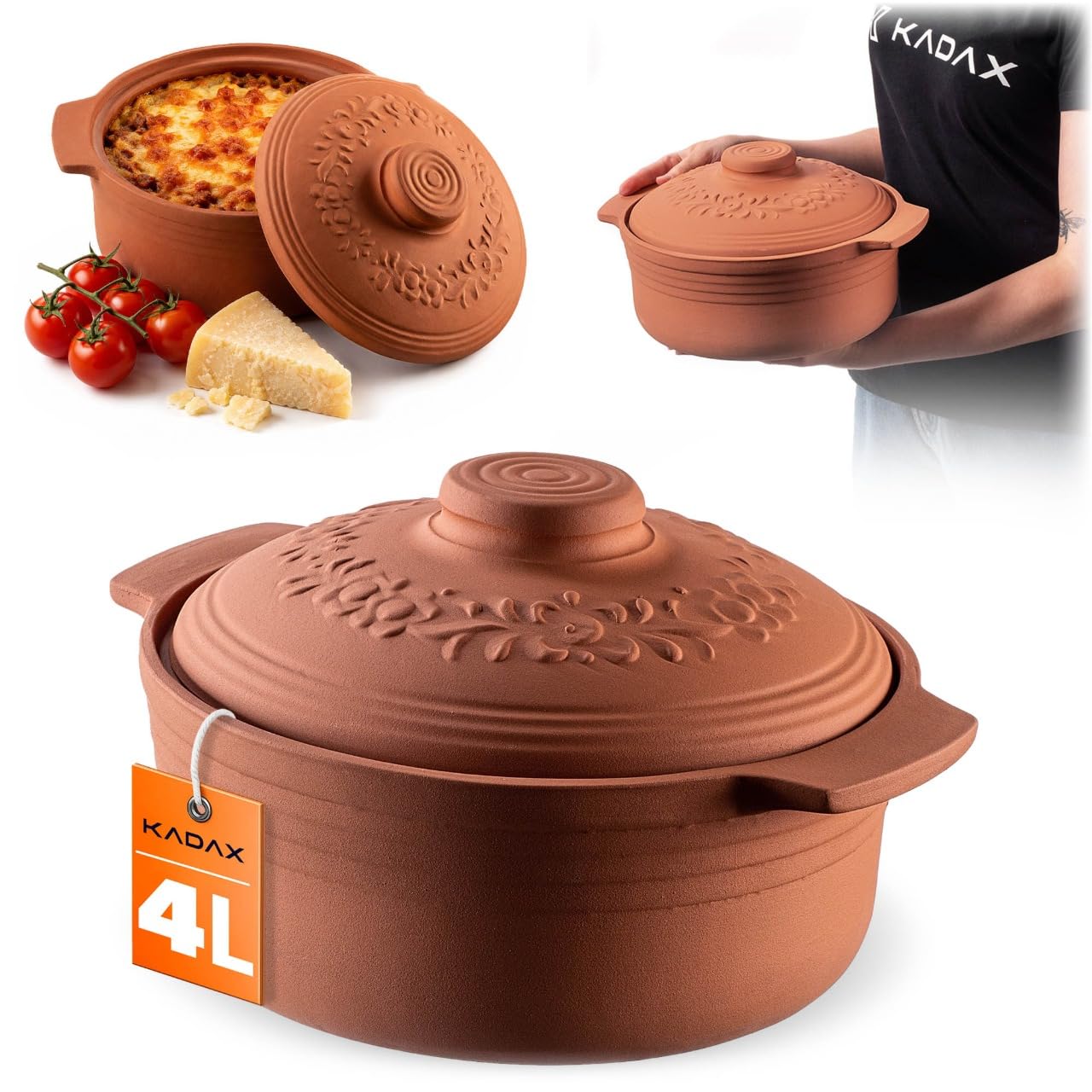 KADAX Cocotte en argile avec couvercle pour micro-ondes et four, cuiseur vapeur en matériaux naturels, plat à gratin pour une cuisson sans graisse, cocotte ronde (4 l), K8756