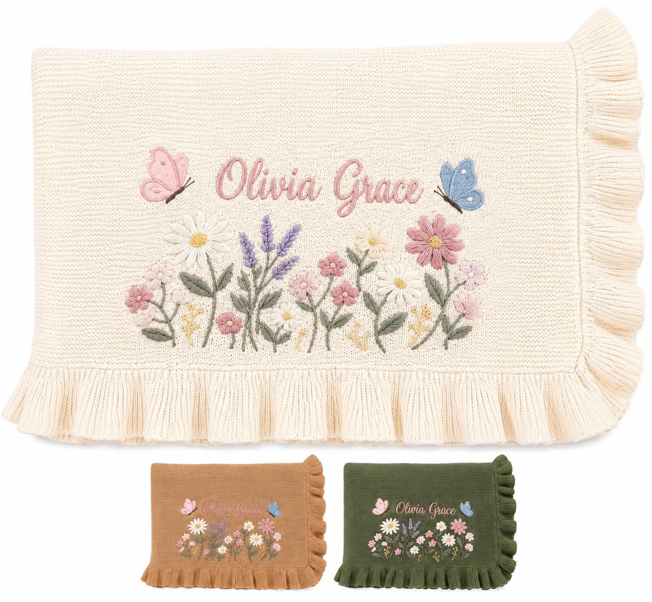 LOVELYPOD Custom Knit Baby Blanket, Embroidered Name Nursery Blanket, Newborn, Cotton Knit Stroller Blanket, Personalized Baby Knit Blanket Gifts03