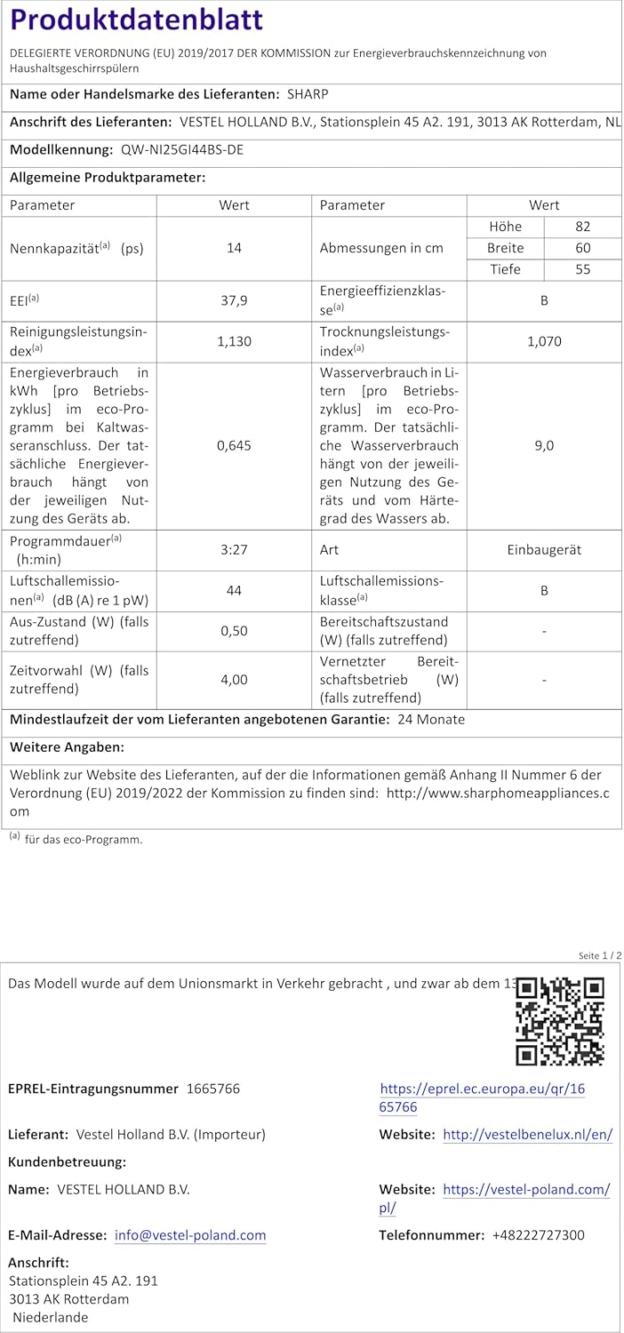 Control panel of the Sharp QW-NI25GI44BS-DE dishwasher.
