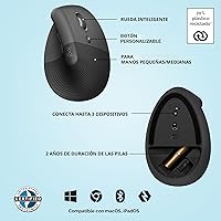 Vista 6 de Logitech Lift - Mouse ergonómico vertical, inalámbrico, Bluetooth o receptor USB, clics silenciosos, 4 botones, mouse inalámbrico para mano derecha
