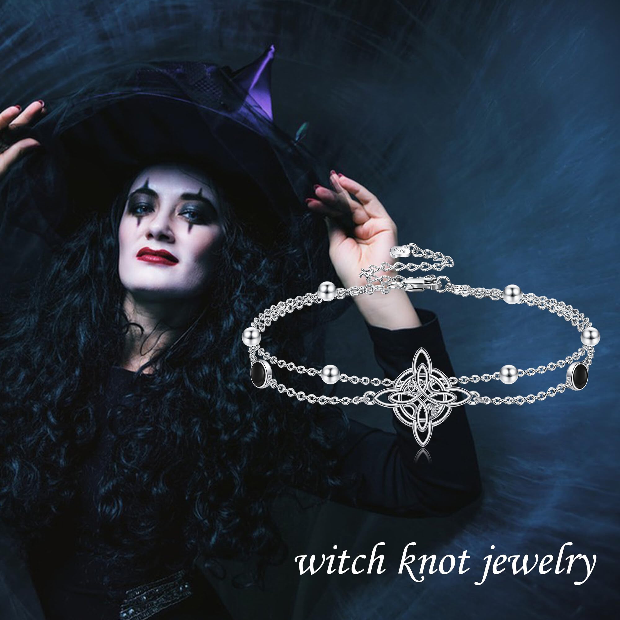URONE Bracciale con nodo di strega in argento Sterling 925 con onice nero, nodo celtico, multistrato, idea regalo per donna