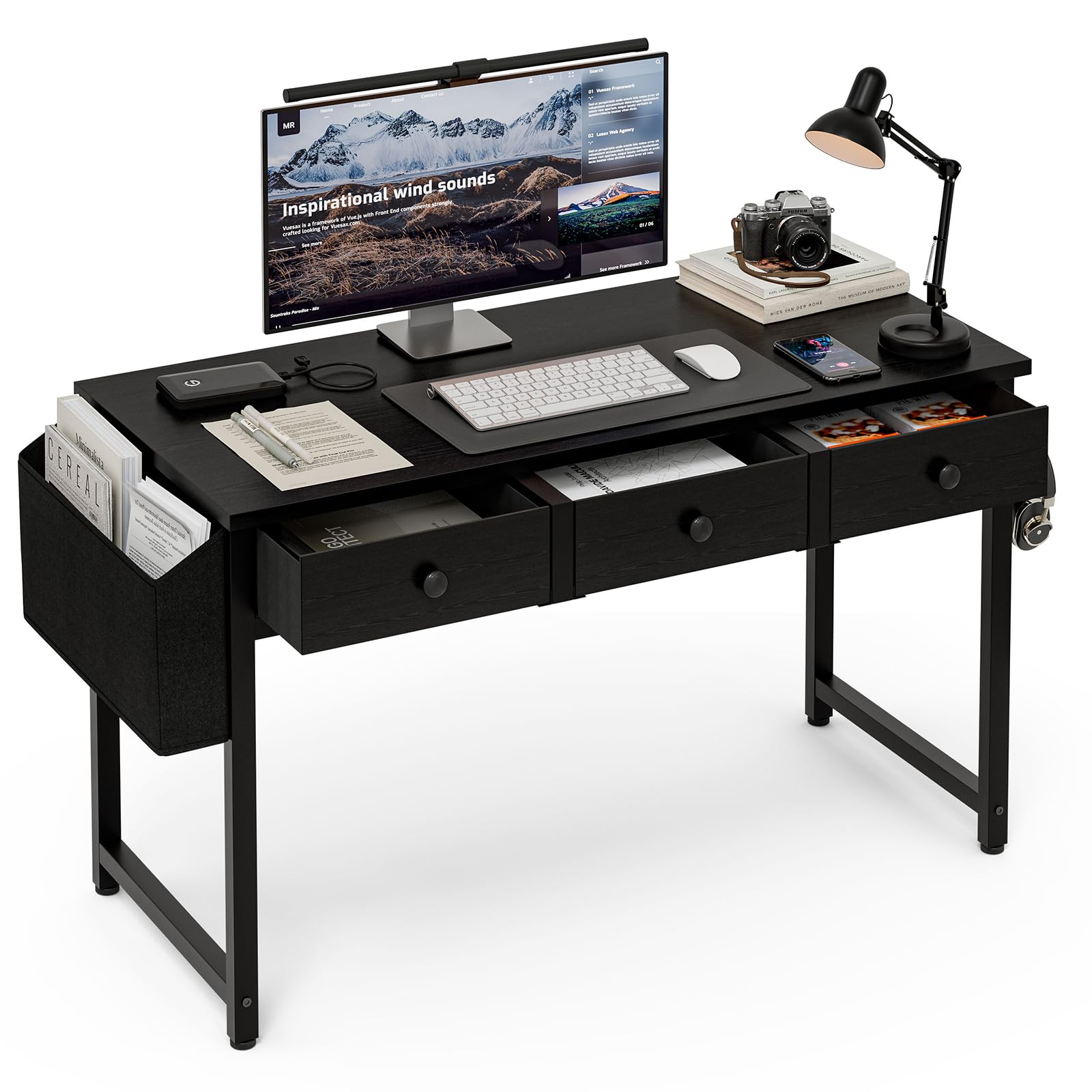 Sweetcrispy Scrivania Per Computer 122 Cm Con Cassetti E Ripiani - Design Moderno, Struttura Robusta - Per Casa, Ufficio, Camera Da Letto - Nero - 3