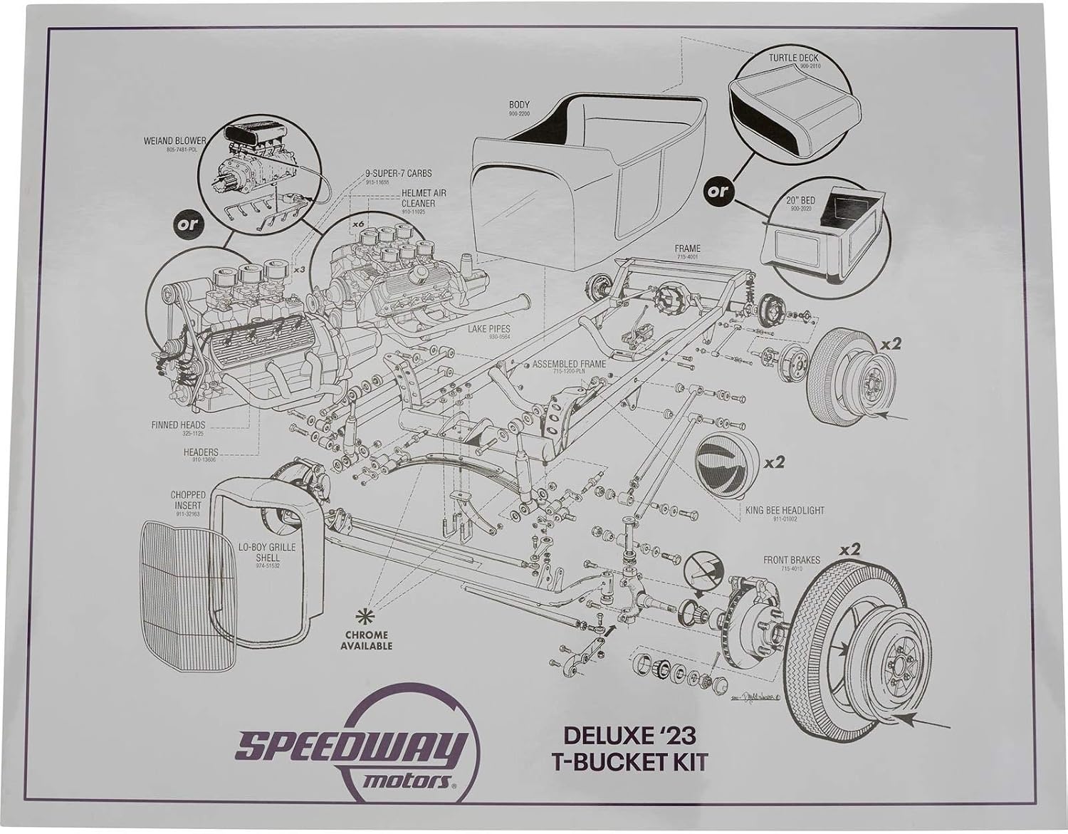 Speedway Motors Deluxe 1923 T-Bucket Kit Poster, 20 x 16 Inch Exploded Illustration Wall Art with Part Names and Numbers, Hot Rod Garage Decor Print
