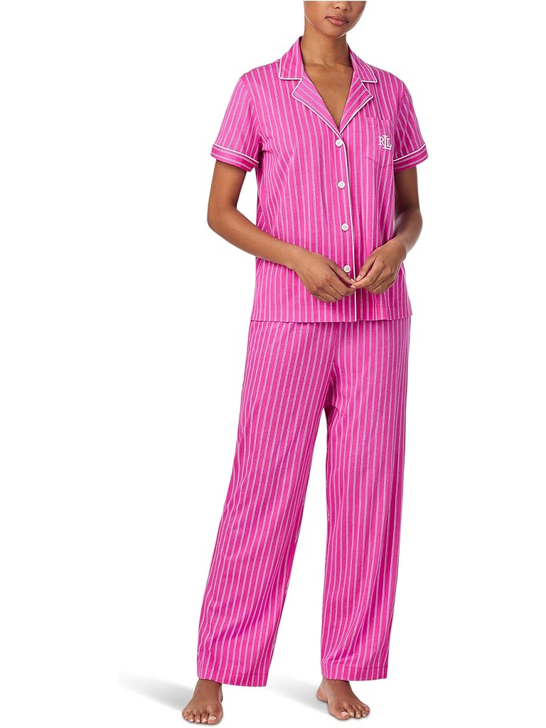 Pink Lauren Ralph Lauren Short Sleeve Notch Collar Ankle Pant Knit PJ Set