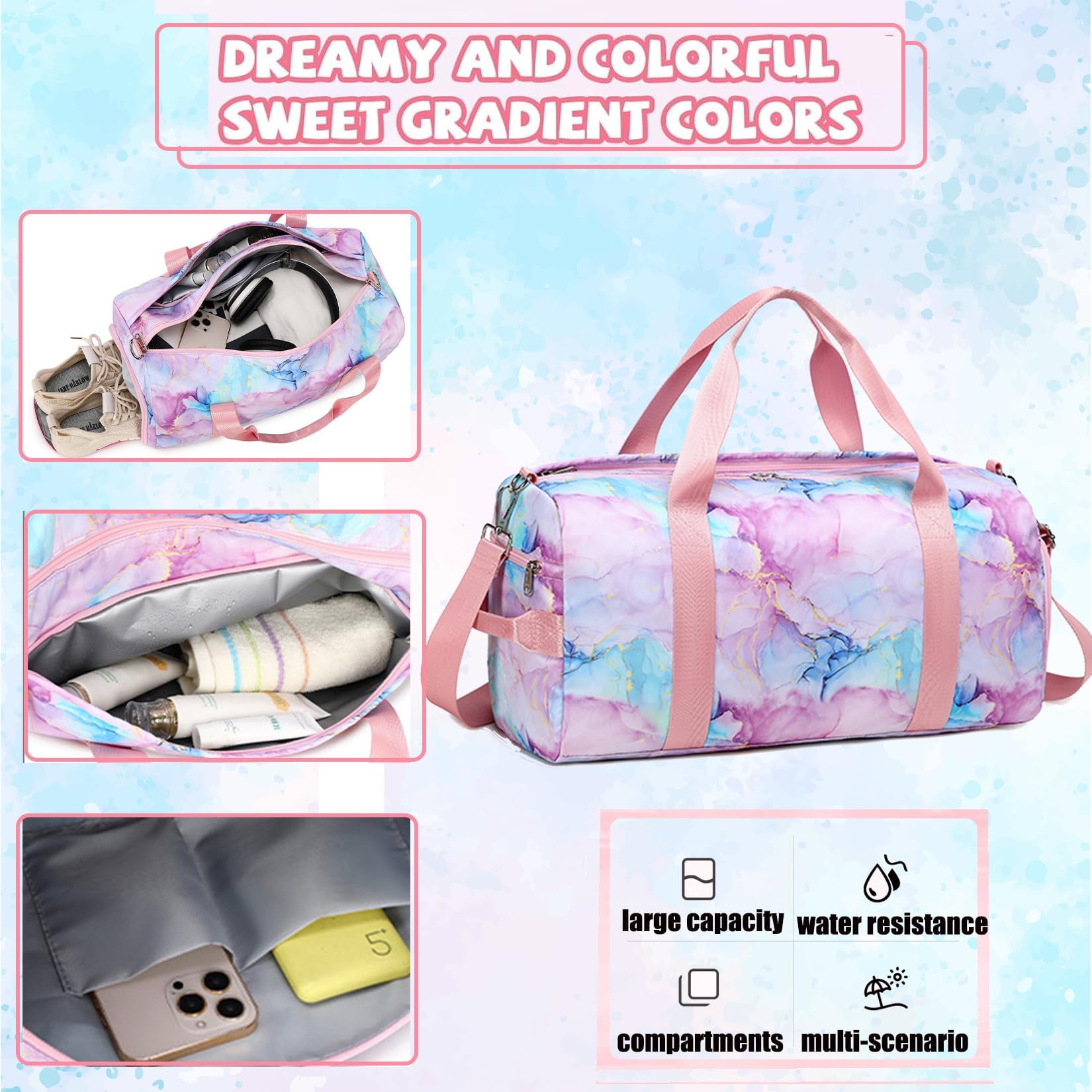 Turnbeutel für Mädchen, Turnbeutel für Teenager, Sporttasche, Balletttasche für Mädchen, Canvas Tasche mit Schuhfächern und Nassfach (Knotenfarbe, Marmor violett, 18 x 8 x 9.75 pulgadas