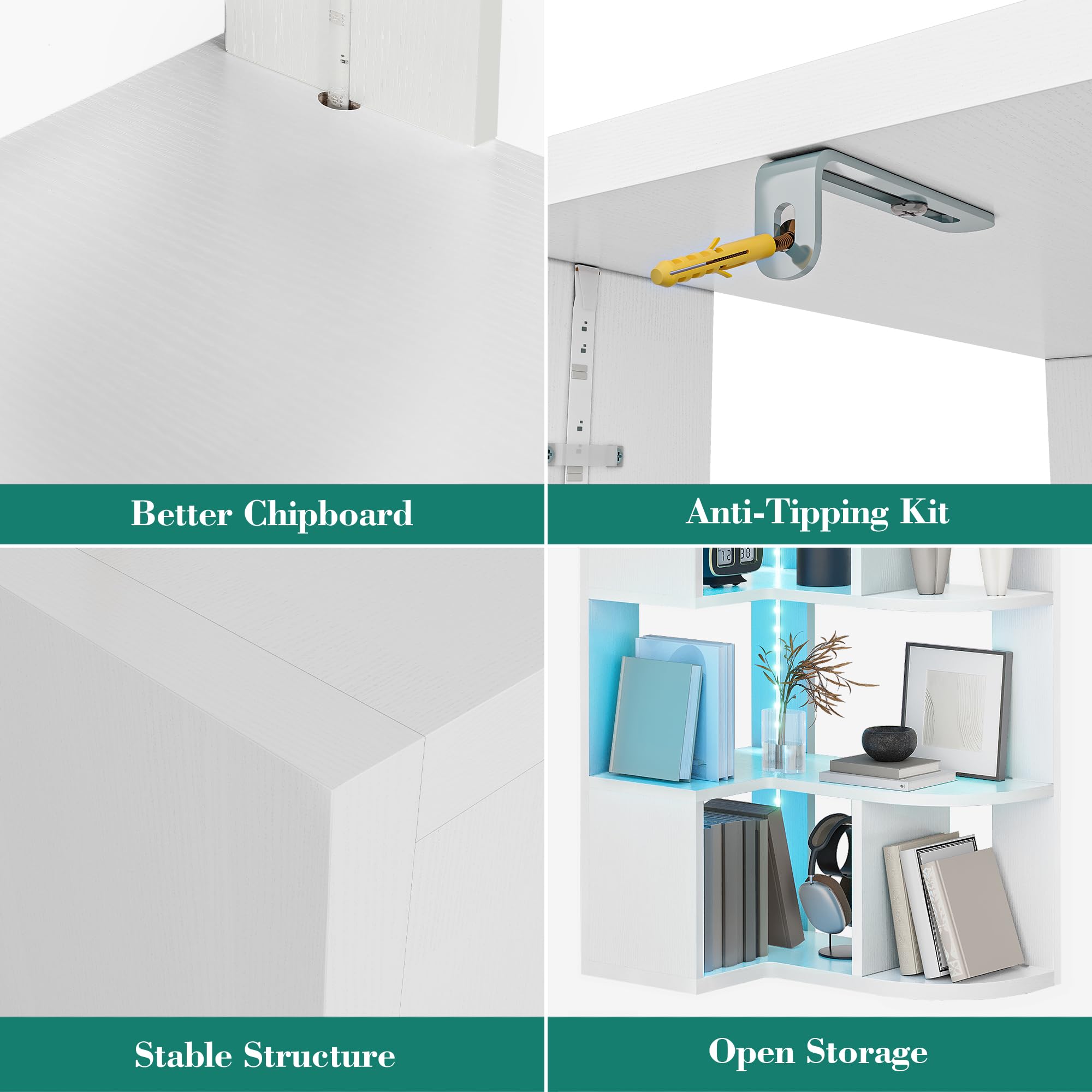 YITAHOME Libreria angolare a 6 ripiani con LED, a forma di L, scaffale angolare, scaffale da pavimento, per ufficio, studio, soggiorno, camera da letto, 64 x 41,5 x 159,5 cm, bianco