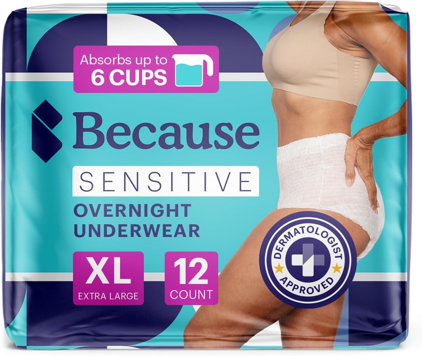 Because Adult Incontinence Underwear for Sensitive Skin - Women - Premium Overnight Disposable Briefs, Anti Odor - White, X-Large - Absorbs 6 Cups - 12 Count (Pack of 1) X-Large (12 Count)