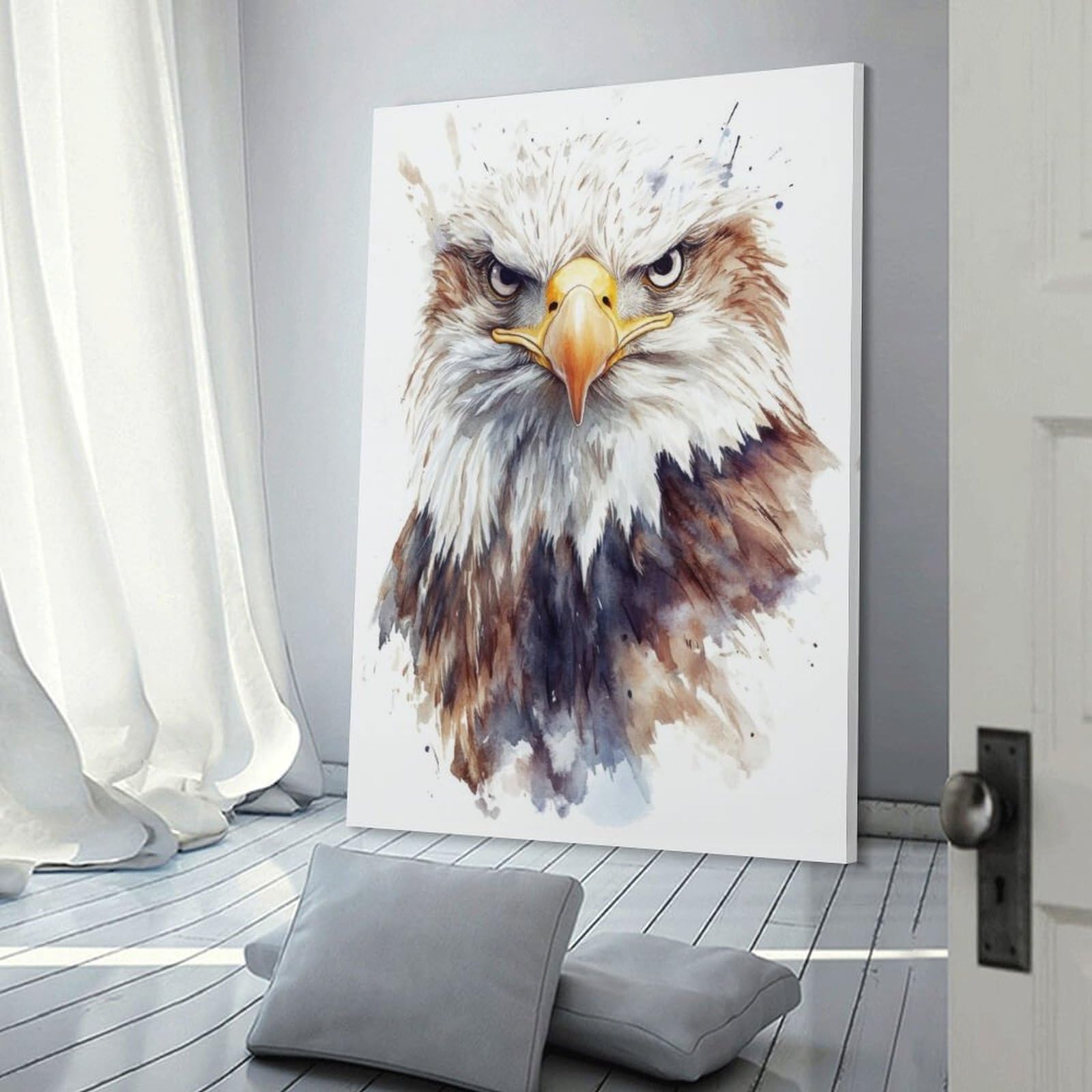 Junmoney Canvas Wall Art Watercolor Bald Eagle Portrait, 20x30inch(50x75cm), for New Homes, Bedrooms Or Workspaces, Canvas Artwork with Gifting Potential