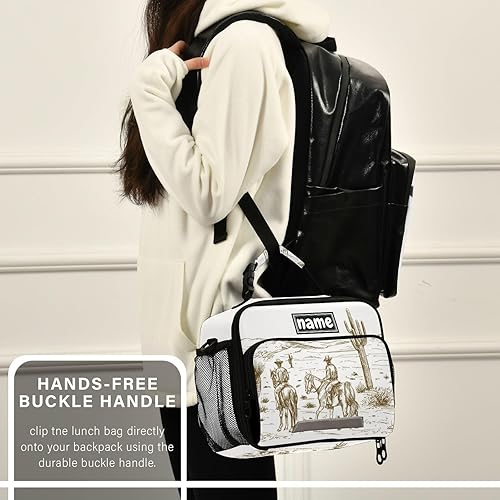 Miniatura 6 de Bolsa de almuerzo personalizada con diseño de cactus del desierto americano del salvaje oeste con vaqueros, con tu nombre, lonchera aislada para la