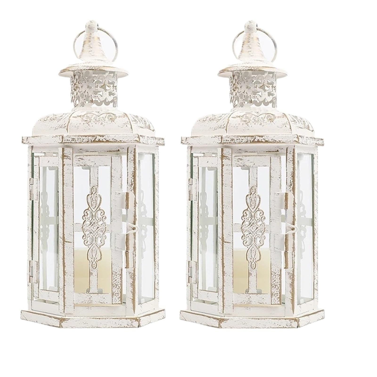 Metal Candle Holder Vintage Candle Holder Lanterns Candles Hanging Lantern Iron Black Home Decor Wedding Decoration(2PCS white)
