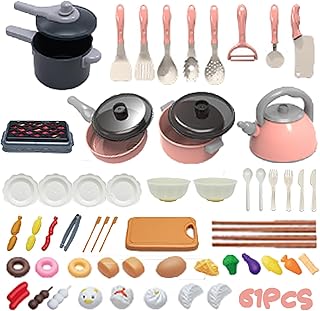 61Pcs Kids Kitchen Toy Accessories Set, Toddler Pretend BBQ Cooking Playset with Play Pots and Pans, Utensils Cookware Toys, Cut Play Food Set, Toy Vegetables, Play Kitchen Toy for Girls Boys (Pink)