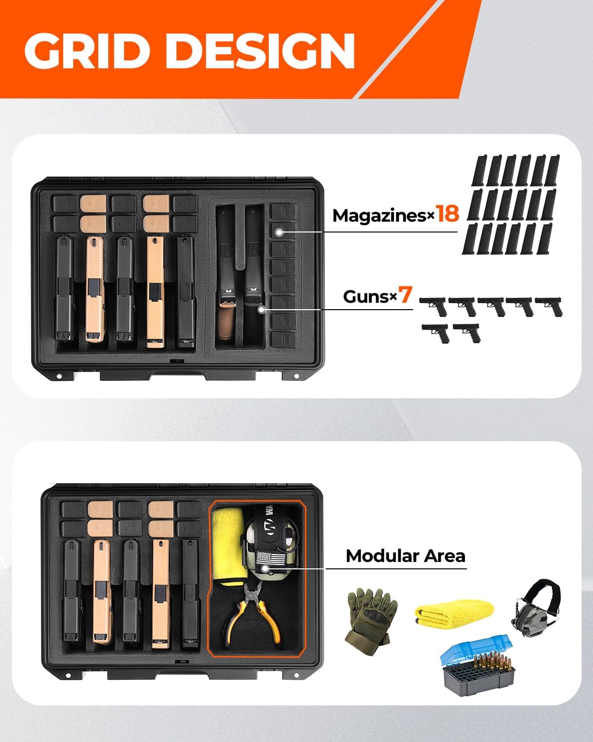 Pistol Case for 7 Handguns, Gun Case Hard Shell with Multiple Gun Slots & Magazine Slots, Firearm Travel Carrying Case with TSA Compliant Lock Fits Glock, Beretta, S&W, Waterproof Gun Box
