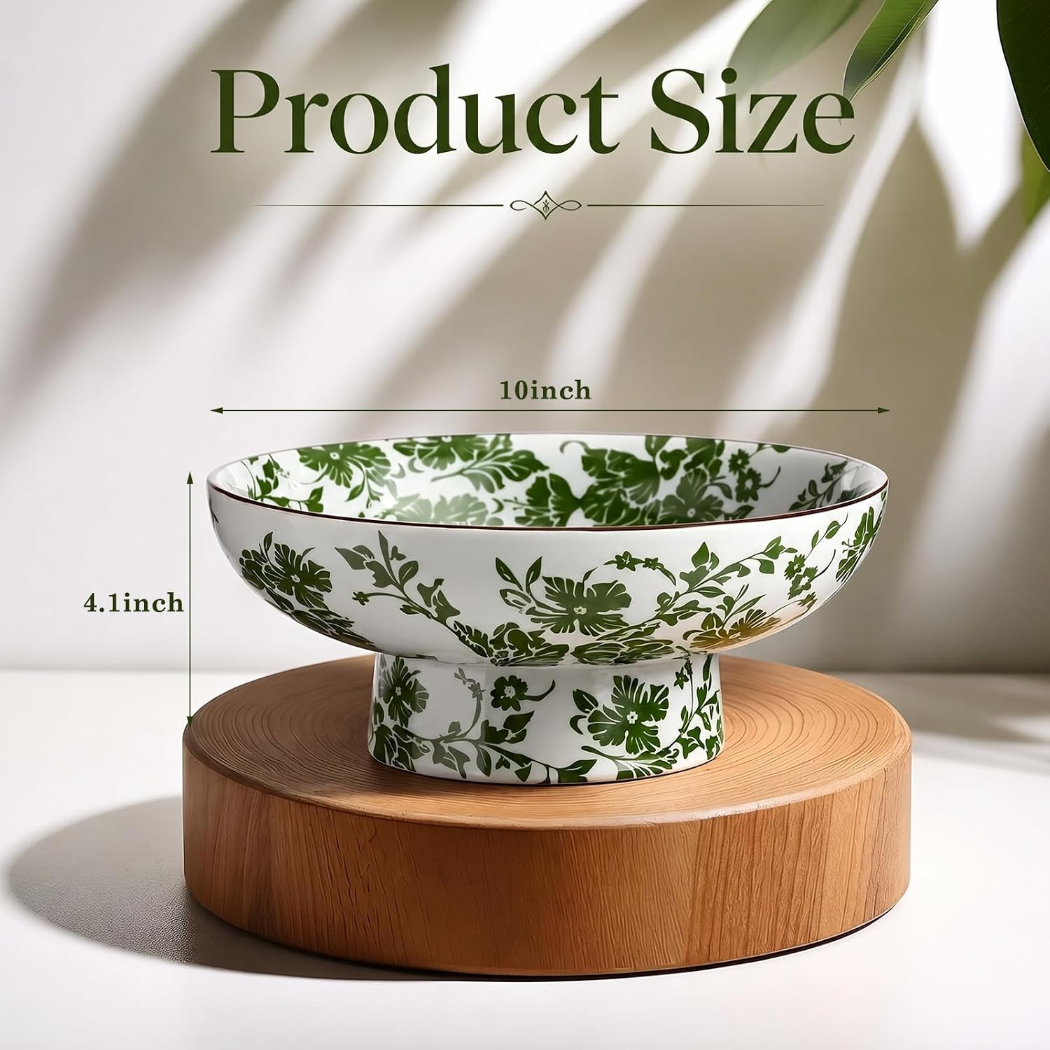 Hushee Ceramic Decorative Bowl 9.8 Inch Green Flower with Pedestal