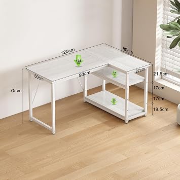 TRIUMPHKEY 120 * 80cm L Shaped Computer Desk with Reversible Large Storage Shelves, Corner Desk Computer Workstation Matching Under Desk Height Adjustable Storage, Home Office Work Table White