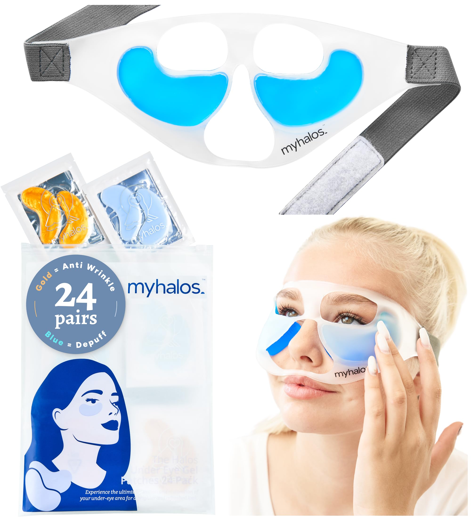 Under Eye Patches & Cooling Eye Mask Set-24 Eye Masks for Puffy Eyes and Eye Bags Remover Kit-24k Gold & Blue Under Eye Gel Patches Cold Eye Mask for Puffiness - Eye Masks Skincare-Patented