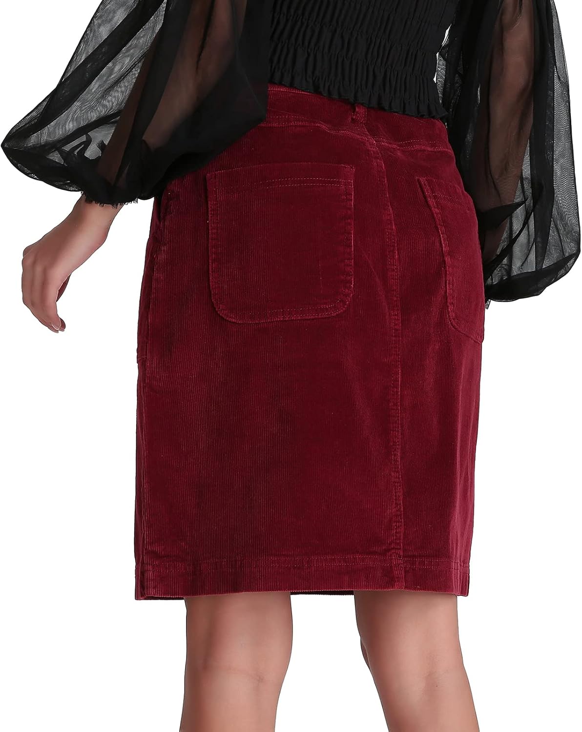 Women Corduroy Skirts Knee Length Ladies High Waisted Stretchy Denim Casual Mid Skirt Wiht Pockets