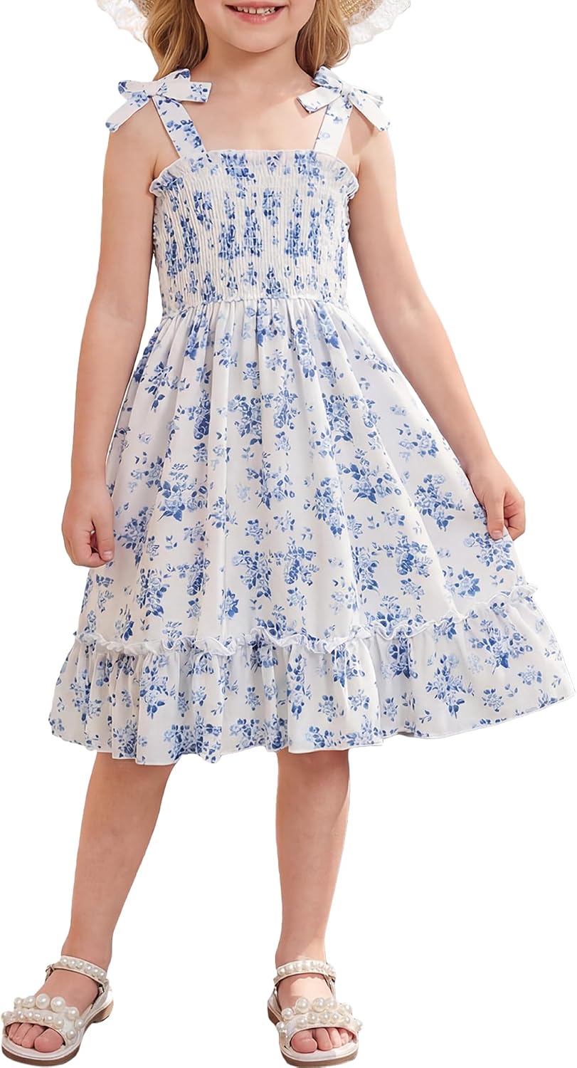 Girl Boho Dress Floral Sleeveless Dresses Girls Tie Shoulder Beach Sun Dress Ruffled Smocked 2-8T