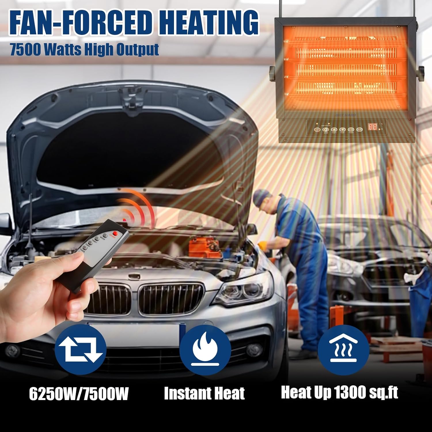 BILT HARD 7500W Electric Garage Heater, 240V Digital Fan-Forced Ceiling Mount Heater with Remote, Hardwired Shop Garage Heater with Thermostat, Overheat Protection, Timer, Ideal for Workshop