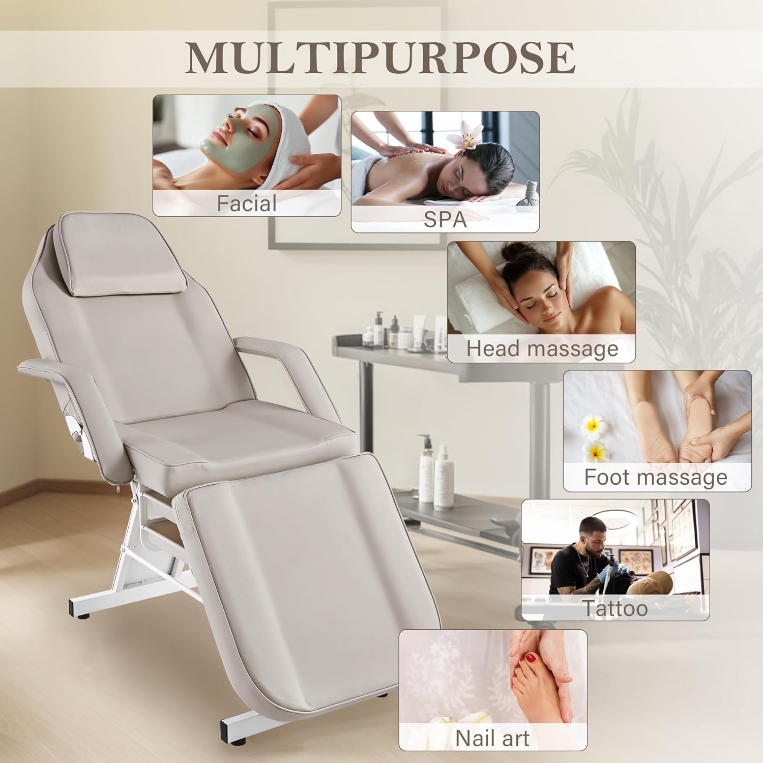 Facial Tattoo Chair, Esthetician Lash Bed Multi-use Tattoo Massage Table for Artist with Hydraulic Stool, 3-Section Beauty Barber Spa Equipment w/Removable Armrests & Headrest, Gray