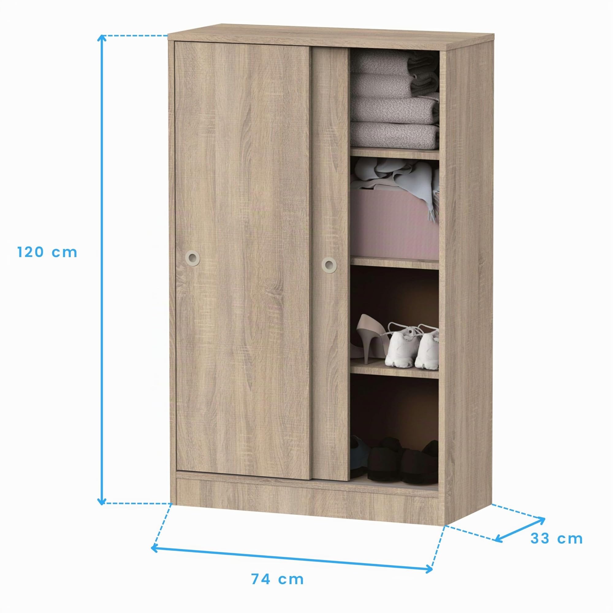 Muebles Pitarch | Armadio Ausiliario Multiuso basso porte scorrevoli per pulizia, cucine, gallerie, uffici 120x74x33cm (altezza x larghezza x profondità), Bianco e Rovere Cambrian, Collezione Tibet