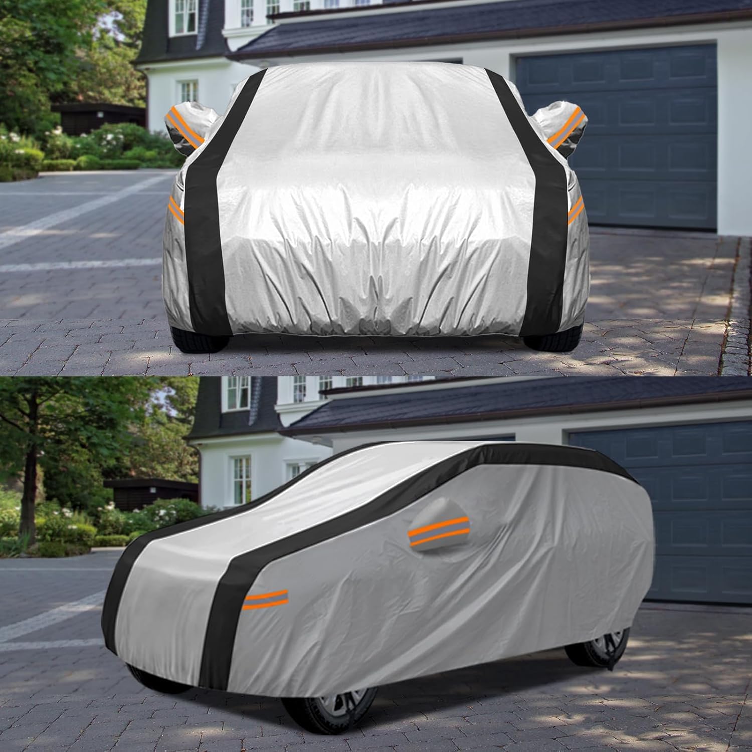 NEVERLAND Funda Coche SUV XL Impermeabile 2500PA - Cubierta Exterior 210D Oxford Plata Reflectante Solar Negro Antigranizo con Tiras Naranjas Alta Visibilidad para BMW X5 Mercedes GLE, Audi Q7|510cm