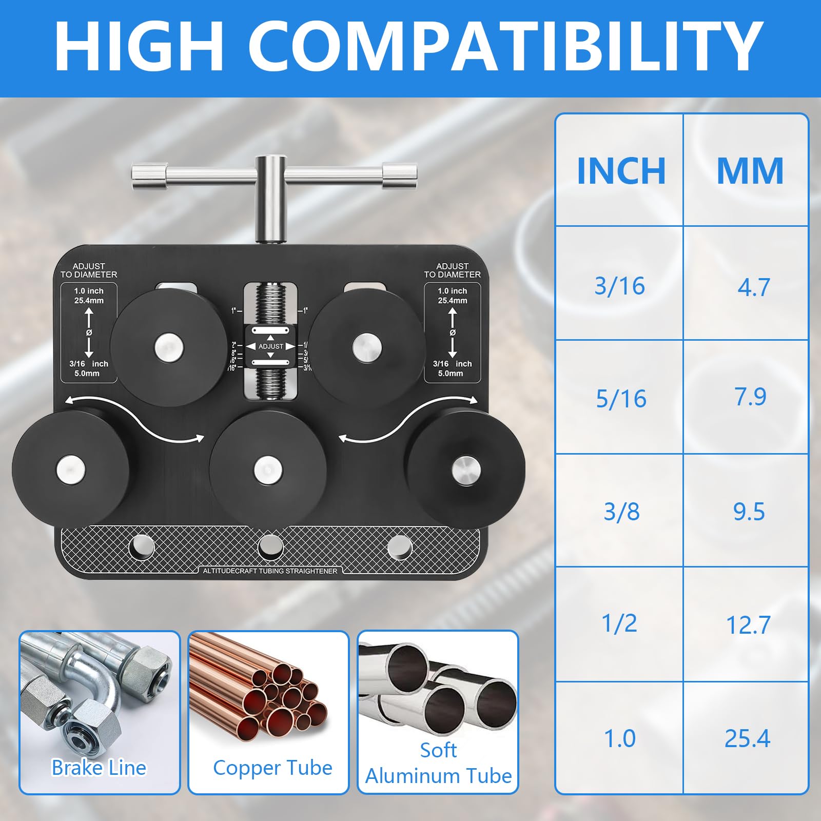 Enderezadora De Tubos, Enderezadora De Mangueras Para Conductos De Freno De 3/16"–1" (ø 4,75–25 mm) Para Conductos De Freno Cobre Y Aluminio Herramienta Profesional Y De Bricolaje Para Talleres
