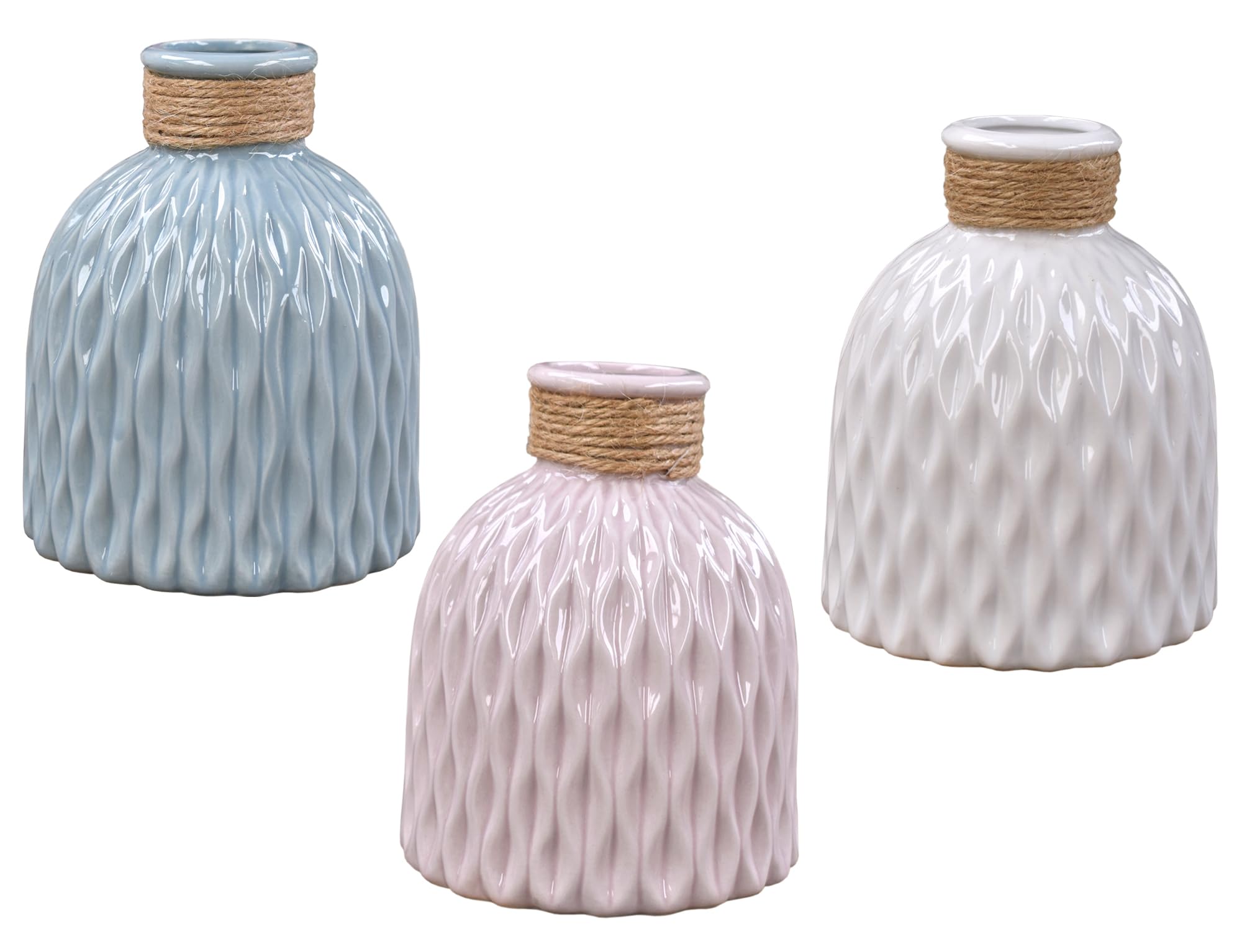Ablerhome Decor 3 Colors Mix 3 Bottle Shaped Vase Ceramic Decorative Vases Embossed Flower Arrange Flora Display (3 Colors Mix)