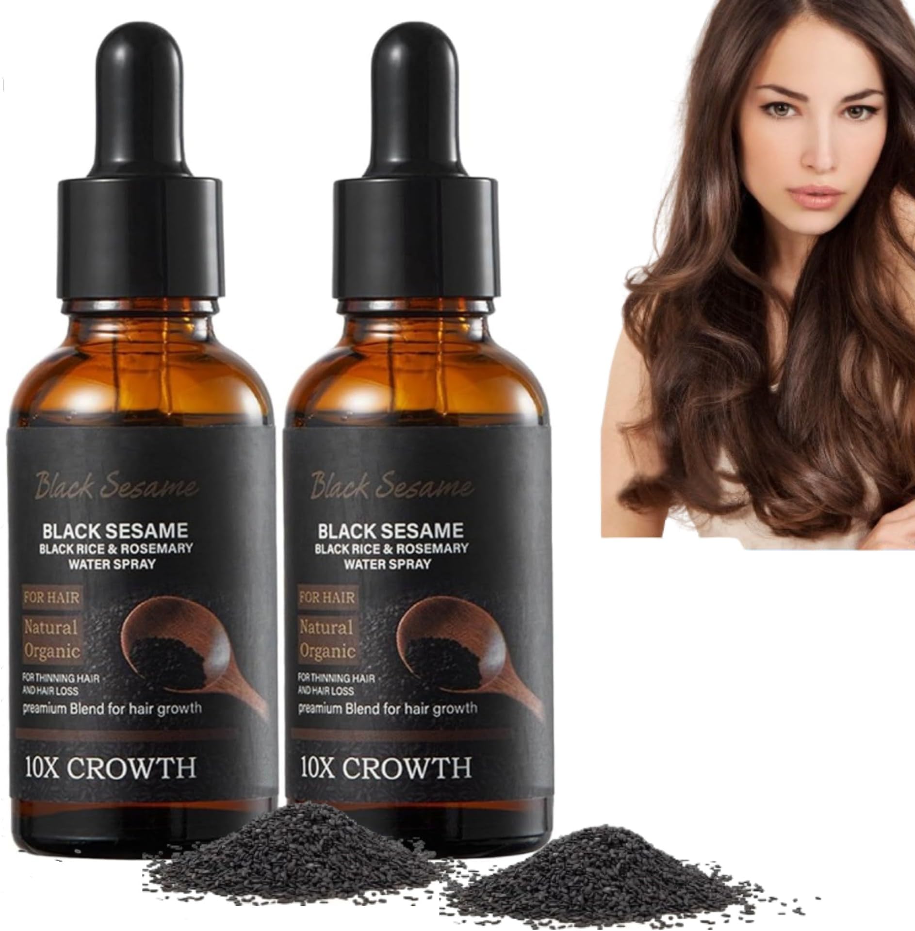 2PCS Black Sesame Hair Growth Serum,Black Sesame Black Rice & Rosemary Water Spray, Black Sesame Oil for Hair Treatment, Volumizing and Moisturizing, Black Sesame Hair Serum