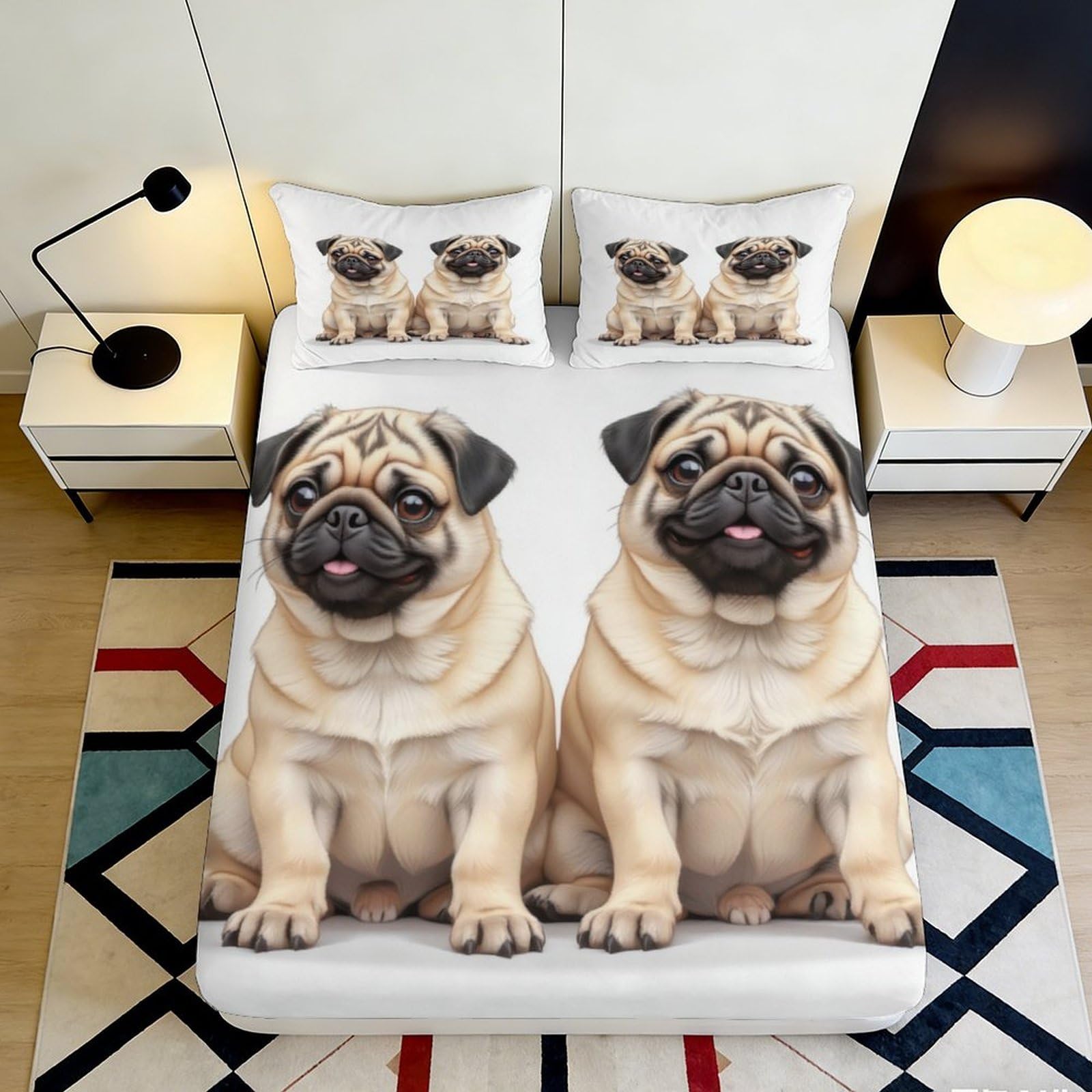 3D Printed Pug Dog Fitted Sheet Microfiber Soft Anti-Slip Mattress Cover Cartoon Animal Bed Decor for Bedroom Guestroom 90x200x25cm