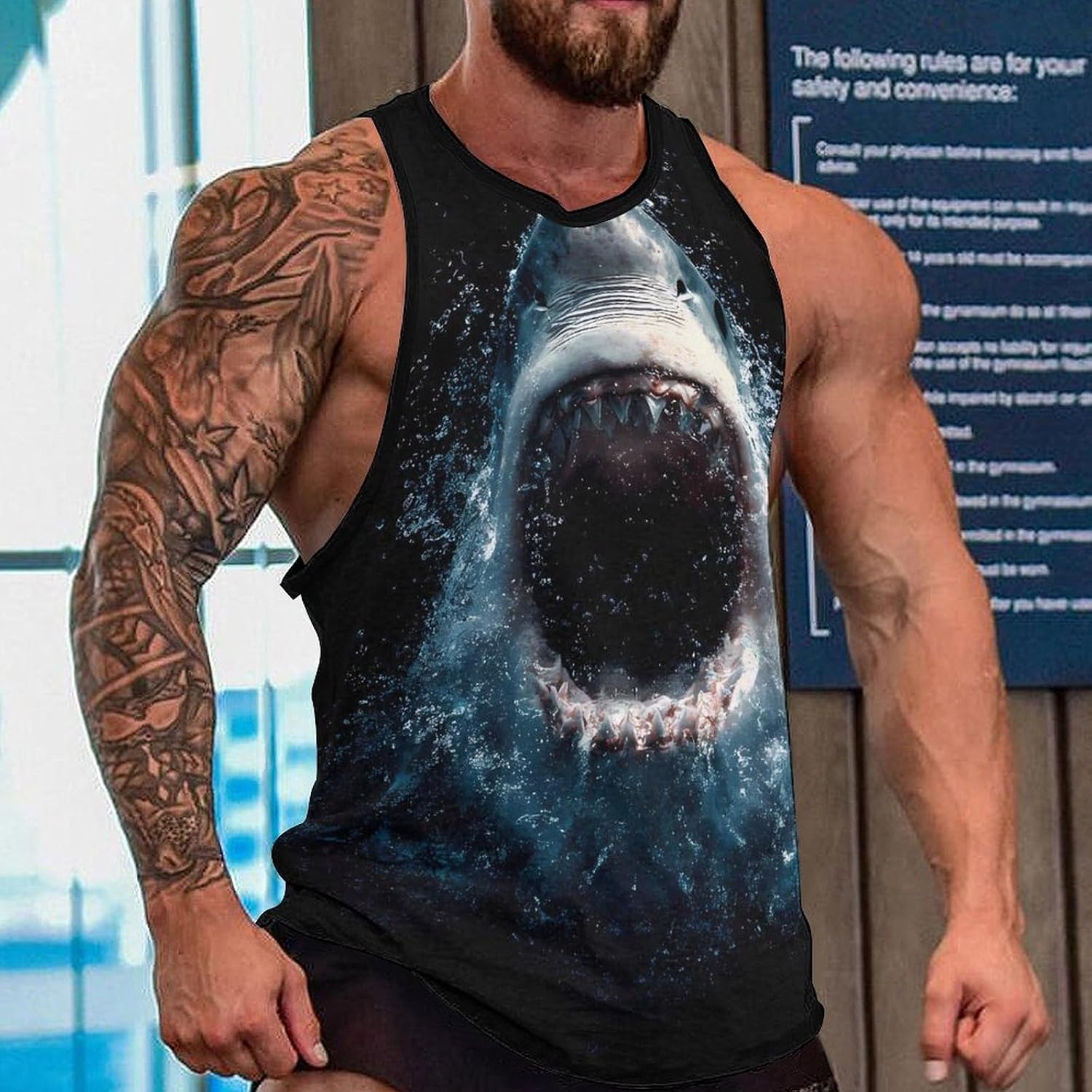 Shark Open Big Mouth Men Tank Top Workout Shirt Muscle T Shirt 5XL