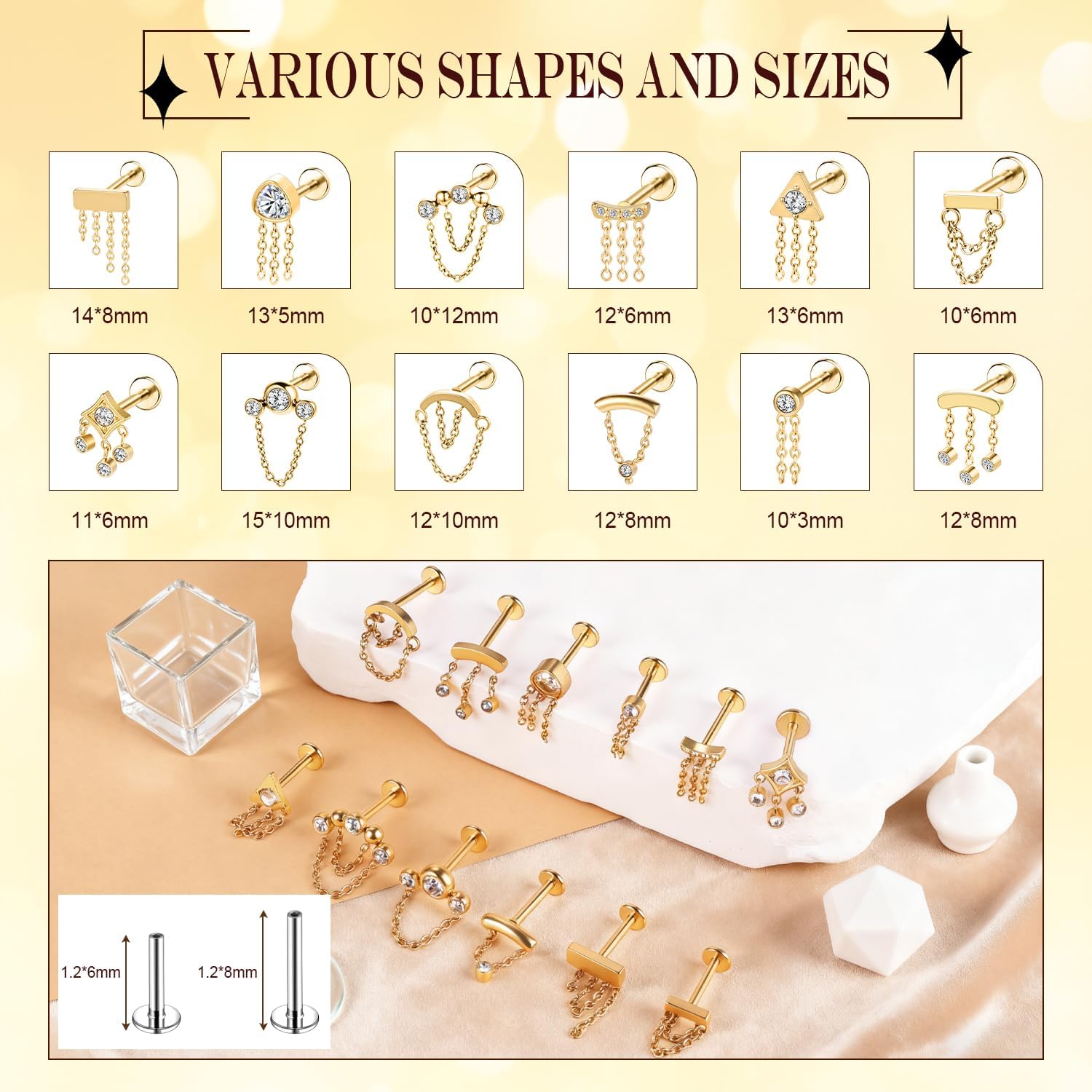 Aoedej 16G Hidden Helix Earrings Dangle Internally Threaded Flat Back Cartilage Studs CZ Stud with Chain Surgical Steel Chains Helix Earring for Women Piercing Jewelry for Conch Tragus Lip Labret Earlobe