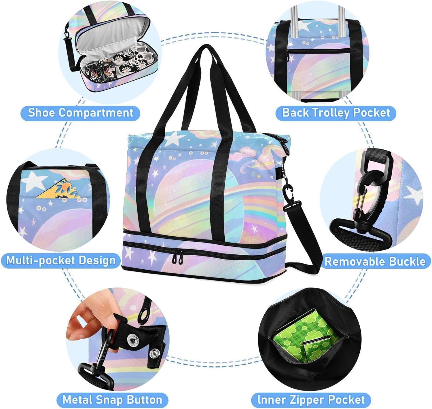 Pastel Sky Rainbow Stripes Gym Tote Bag Sport Training Bag with Toiletry Bag for Trekking Large Capacity
