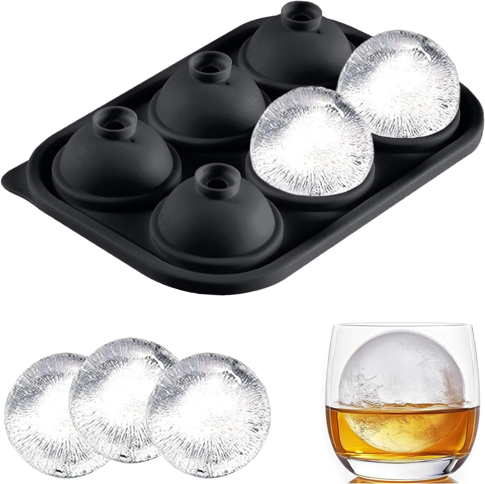 Ice Ball Maker with Lid, 6 Cavity Round Ice Cube Tray for Freezer, Easy Release Silicone Ice Mold Reusable Sphere Tray for Whiskey Cocktails and Homemade, Keep Drinks Chilled