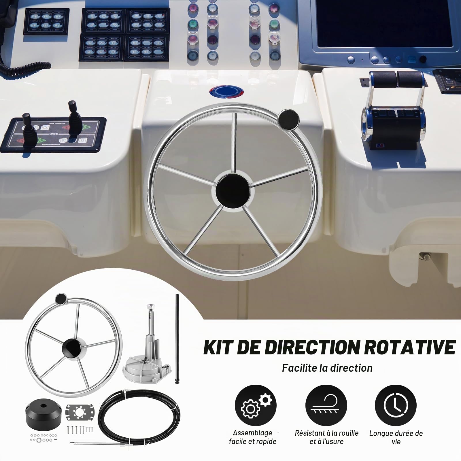 Boats Kit de direction mécanique pour moteur hors-bord avec volant et câble long pour bateaux de pêche, yachts et autres véhicules nautiques (426,7 cm)