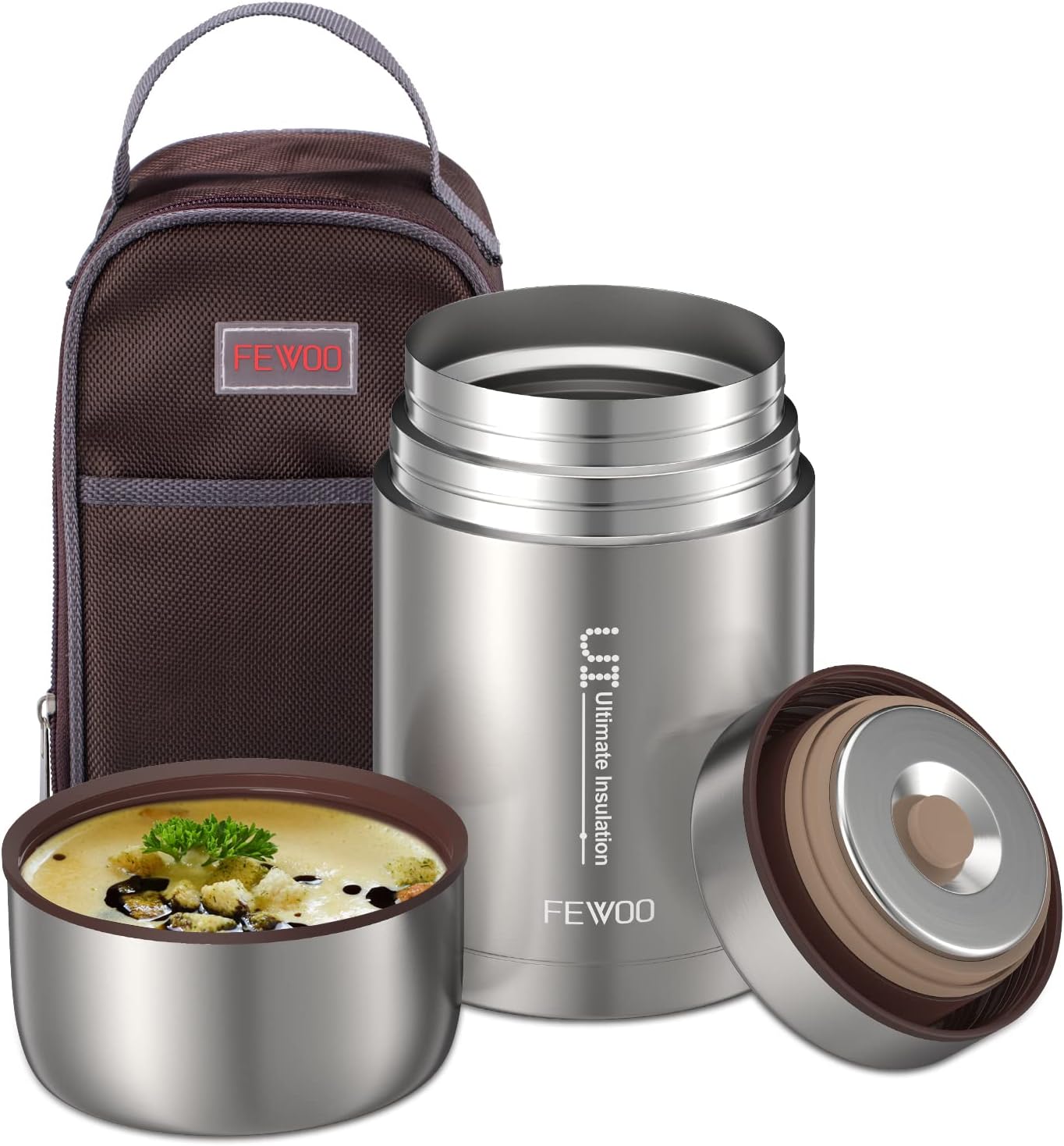 FEWOO Food Jar - 27oz Vacuum Insulated Stainless Steel Lunch Box, Leak Proof Soup Containers with bag for Hot or Cold Food (Grey)