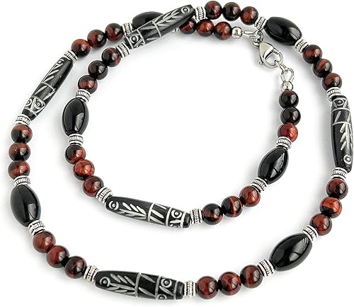 Miniatura 1 de Mens Tribal Style Necklace - Carved Bone, Black Onyx, Red Tiger Eye Gemstone, Handcrafted (19 inches)
