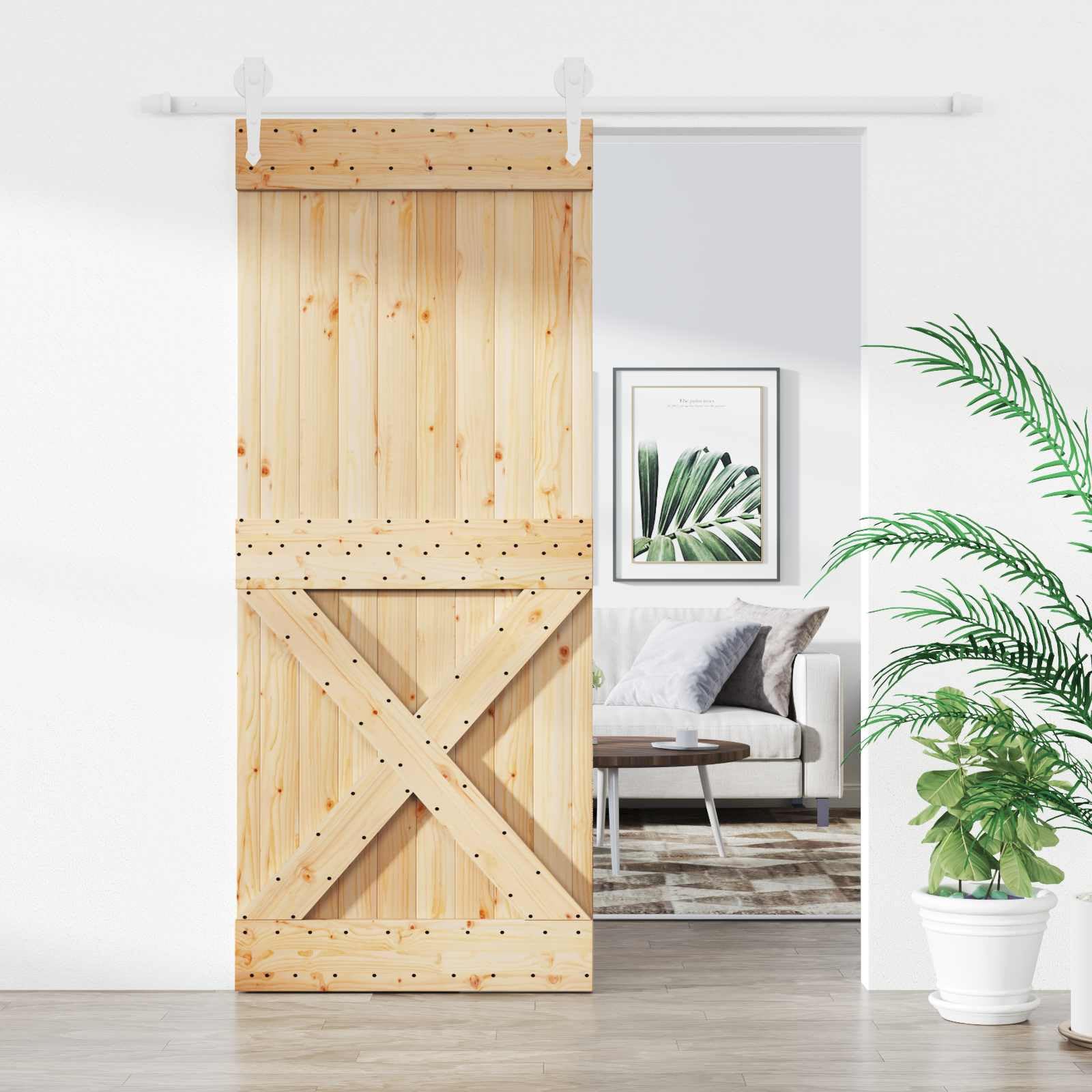 Porta scorrevole in legno di pino massiccio naturale e bianco, 100 x 210 cm, salvaspazio, con binario in acciaio verniciato a polvere, per interni e facile da montare