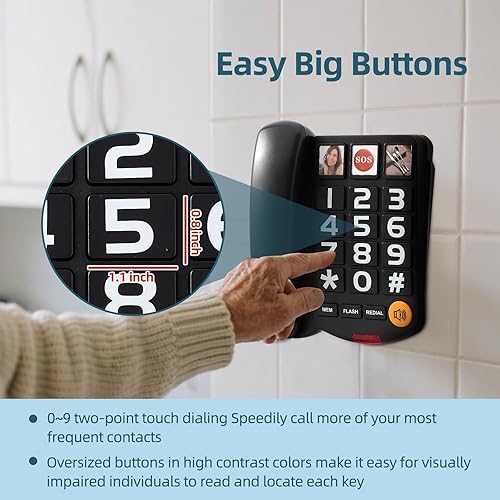 Miniatura 3 de Extra-Loud (110dB) Landline Phone for Seniors & Hearing Impaired - Hearing Aid Compatible, Large Button Corded Phone with 3 Photo Speed Dial