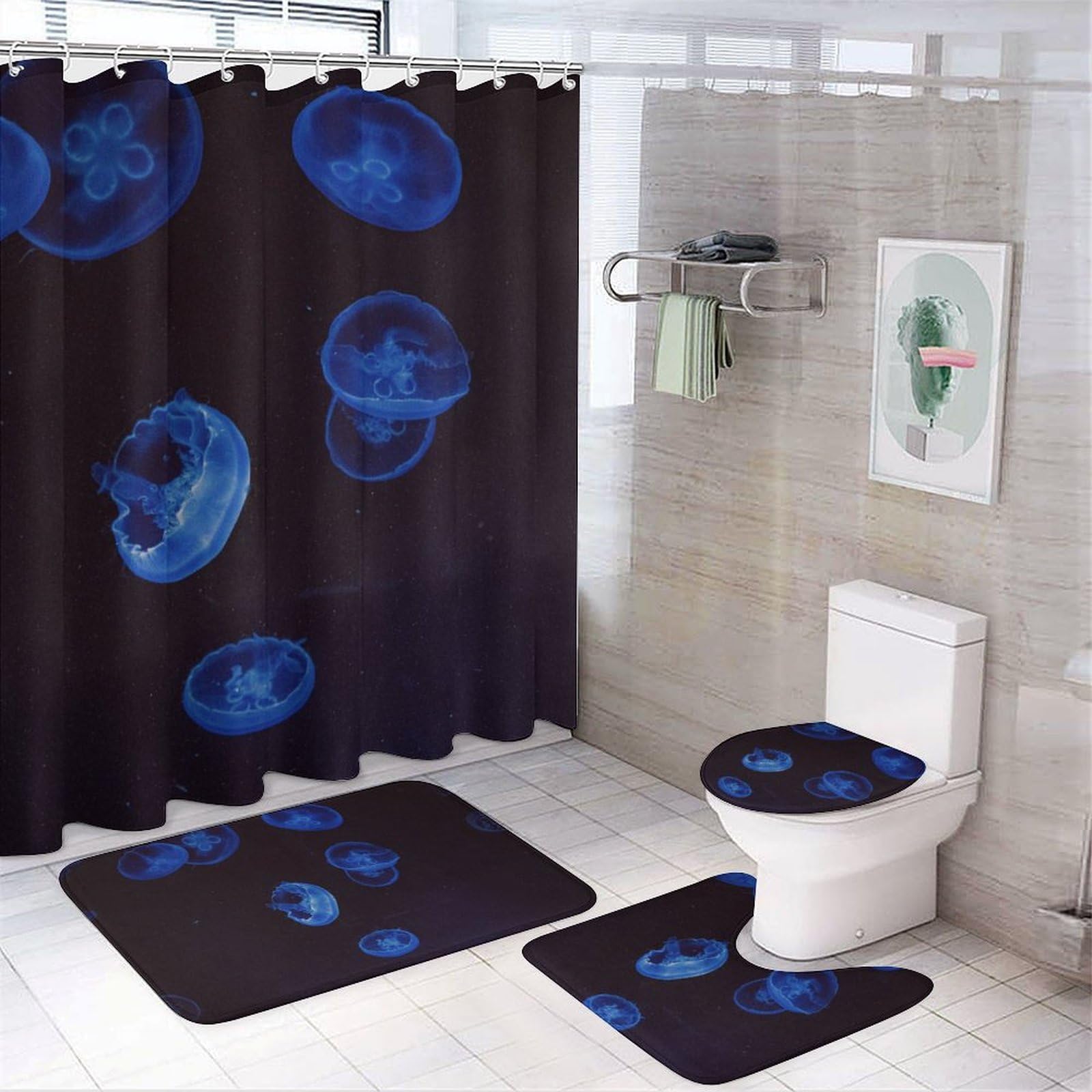 Cortina de ducha de medusas azules fluorescente para eliminar charcos con alfombrillas seguras