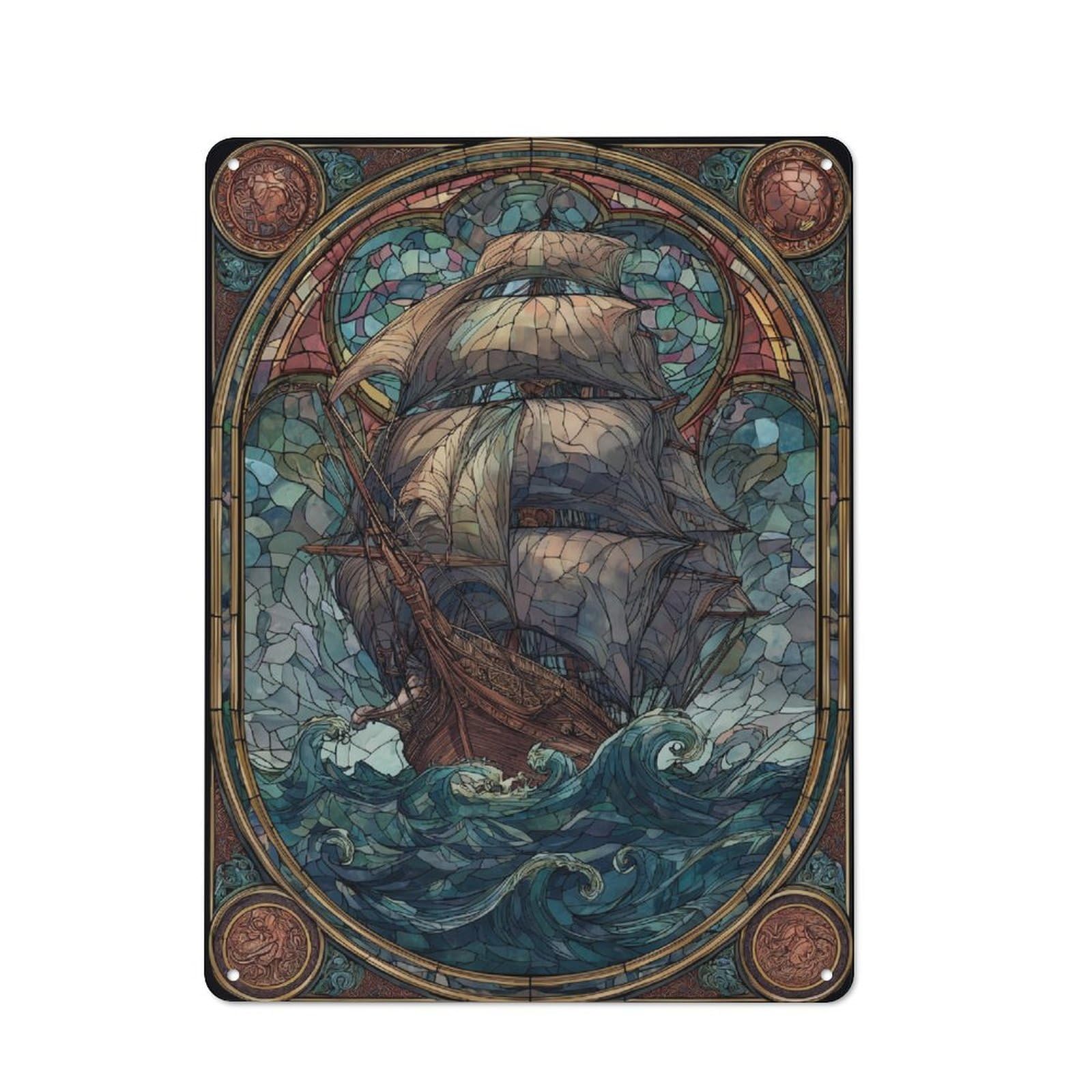 Tin Sign 40x30cm with Sailing Through Stained Glass for Workshop Wall, Vintage Decor, for Metal Sign Collectors, for Garage And Workshop Walls