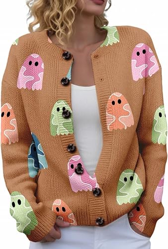Halloween Sweaters for Women Button Down Cute Print Knit Outerwear Sweater